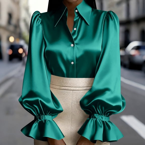 Bwndum Womens Long Sleeve Blouse Silky Puff Sleeve Top Green Button Down Shirt for Work Office Casual Elegant Feminine,Size S
