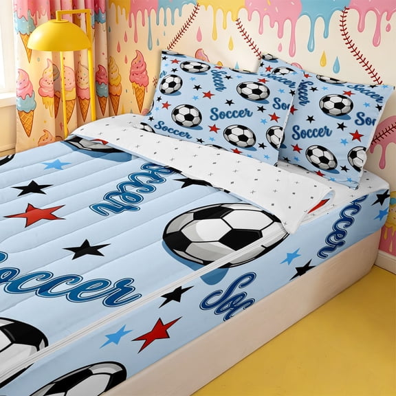 Homewish Soccer Gamer Zipper Twin Comforter Sets with Fitted Sheet and 2 Pillowcases,Boys Sport Theme Stars Print Zipper Bedding Set,4-Piece