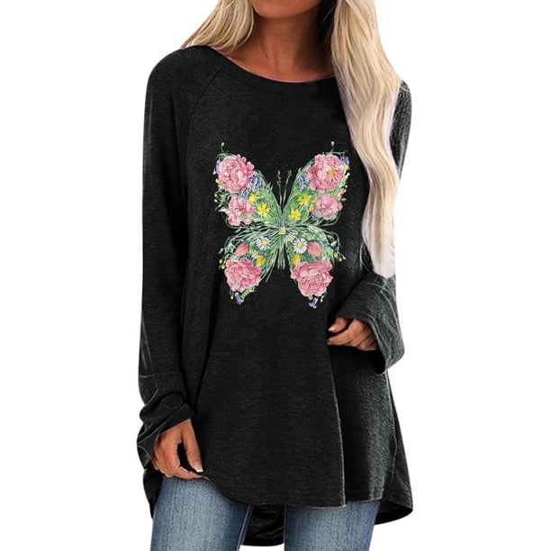 Pntutb Camiseta de manga larga con cuello redondo y estampado de insectos de animales de talla grande para mujer Pntutb Pntutb-4564