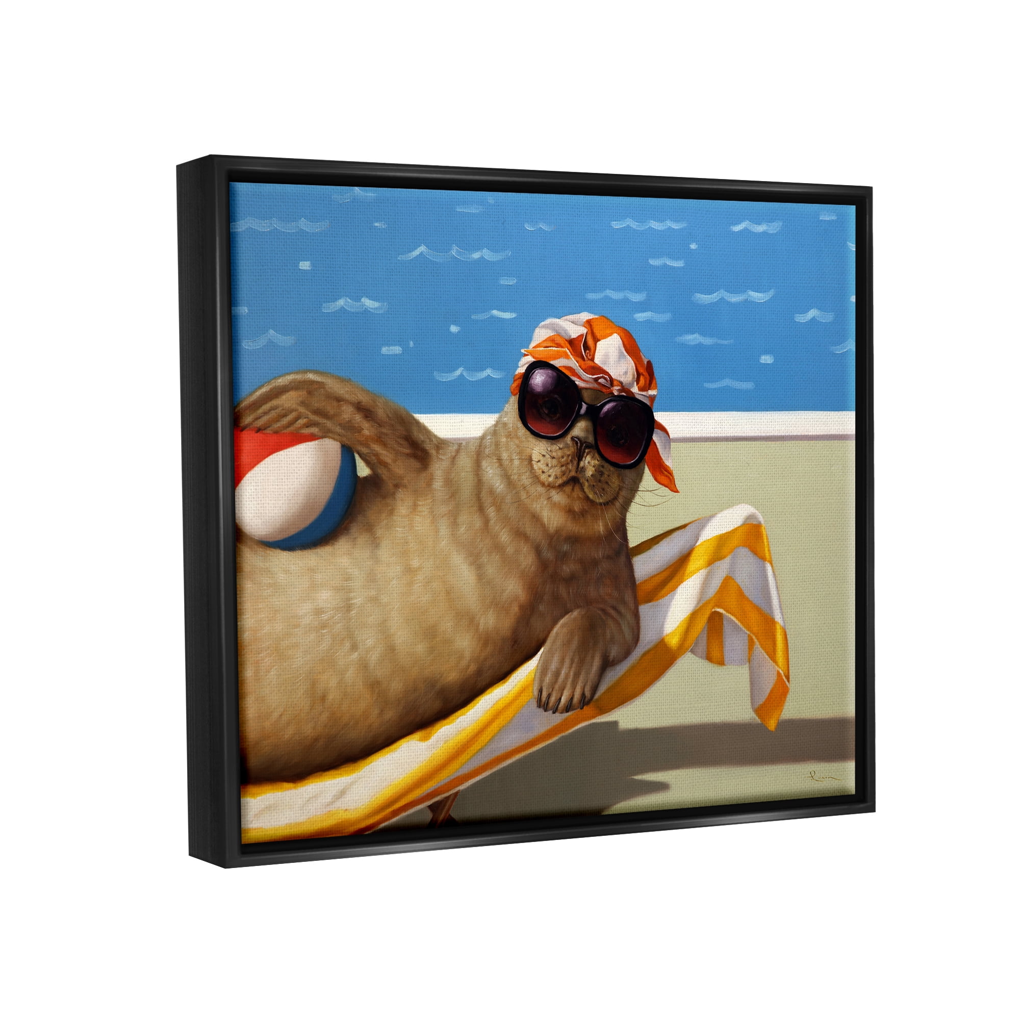 Stupell Industries Seal with Beachball Animals & Insects Painting Black Floater Framed Art Print Wall Art, 31 x 25