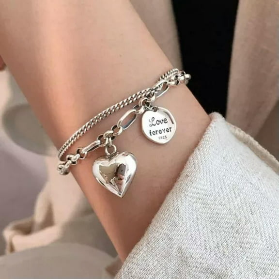 EOEMY Vintage 925 Sterling Silver Heart Pendant Unique Chain Bracelet Stylish Bangle