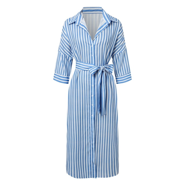 XDZJLR Robes pour Femmes Mode Classique Rayée Bouton Col en V Mi-Longue Chemise Jupe