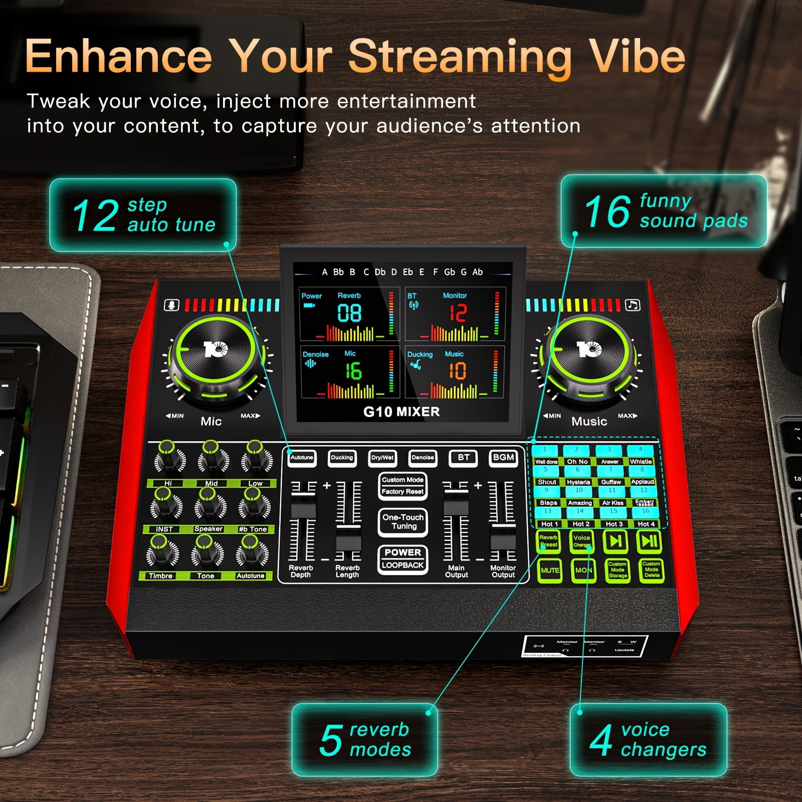 Tenlamp Podcast & Gaming Audio Mixer with Condenser Microphone, Voice Changer & Reverb Modes
