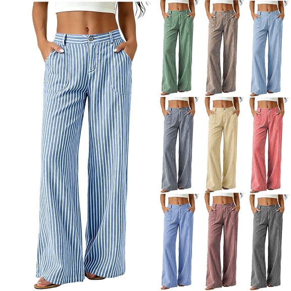 Aezemi Women Striped Elastic Waist Pants, Faux Linen Cotton Button up Straight Leg Pants, Summer Beach Outdoor Vacation Fashion Trousers with Pockets