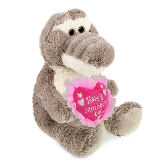 DolliBu Happy Mother's Day Super Soft Plush Sitting Grey Alligator - Cute Stuffed Animal with Pink Heart Message for Best Mommy, Grandma, Wife, Daughter - Cute Wild Life Plush Toy Gift - 9 Inches