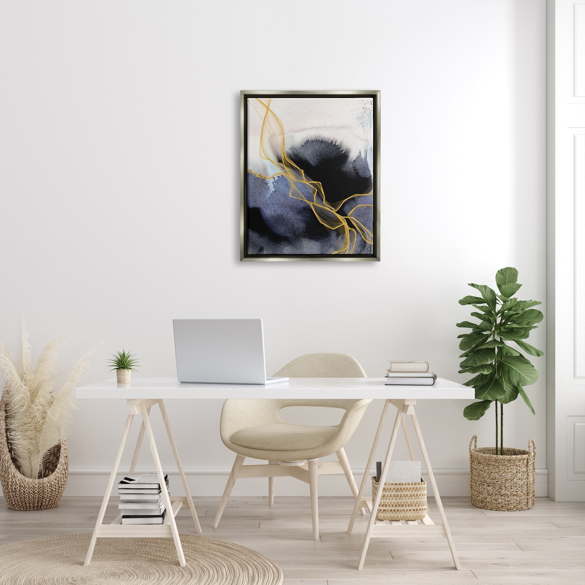 Stupell Industries Modern Coastal Abstract Organic Lines Blue Gold Luster Gray Framed Floating Canvas Wall Art, 24x30, by Irena Orlov