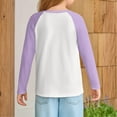 thumbnail image 3 of BOMYJESK Girls Long Sleeve Shirts Raglan Cute Crewneck Blouses Tops Fashion Fall T Shirts Basic Color Block T Shirts Top Purple 5-6Y, 3 of 5