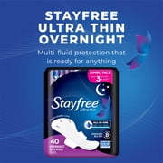 Stayfree Ultra Thin Overnight Pads With Wings, 40 Ct, Multi-Fluid Absorption, Protection For Up To 10 Hours