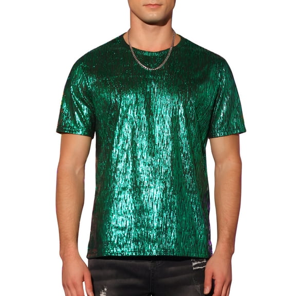 Lars Amadeus Shiny T-Shirt for Men's Round Neck Short Sleeves Club Prom Sparkle Tee Top