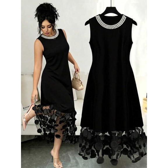Women's Sleeveless A-Line Midi Dress Floral Applique Petal Hem Elegant Party