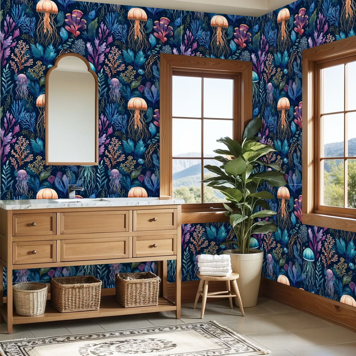 Peel and Stick Wallpaper Vibrant Underwater Jellyfish Seaweed Wall Mural 23.6in x 9.8ft Self Adhesive Removable Wall Paper Renter Friendly Wallpaper for Nursery Bedroom Cabinets