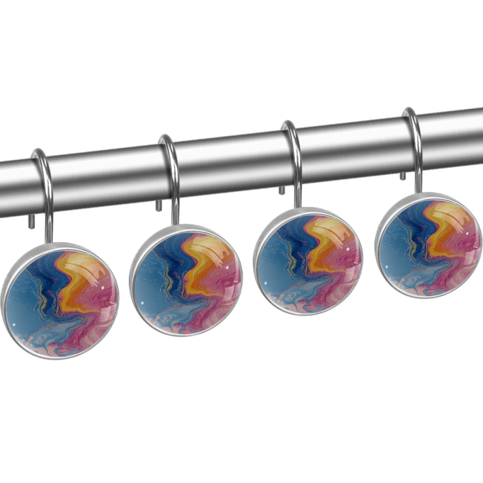 Blue Pink Marble Pattern 12 Pack Shower Curtain Hooks, Decorative Shower Rings for Shower Curtain Rods, Stainless Steel, Rust Resistant, Round Curtain Hooks for Bathroom