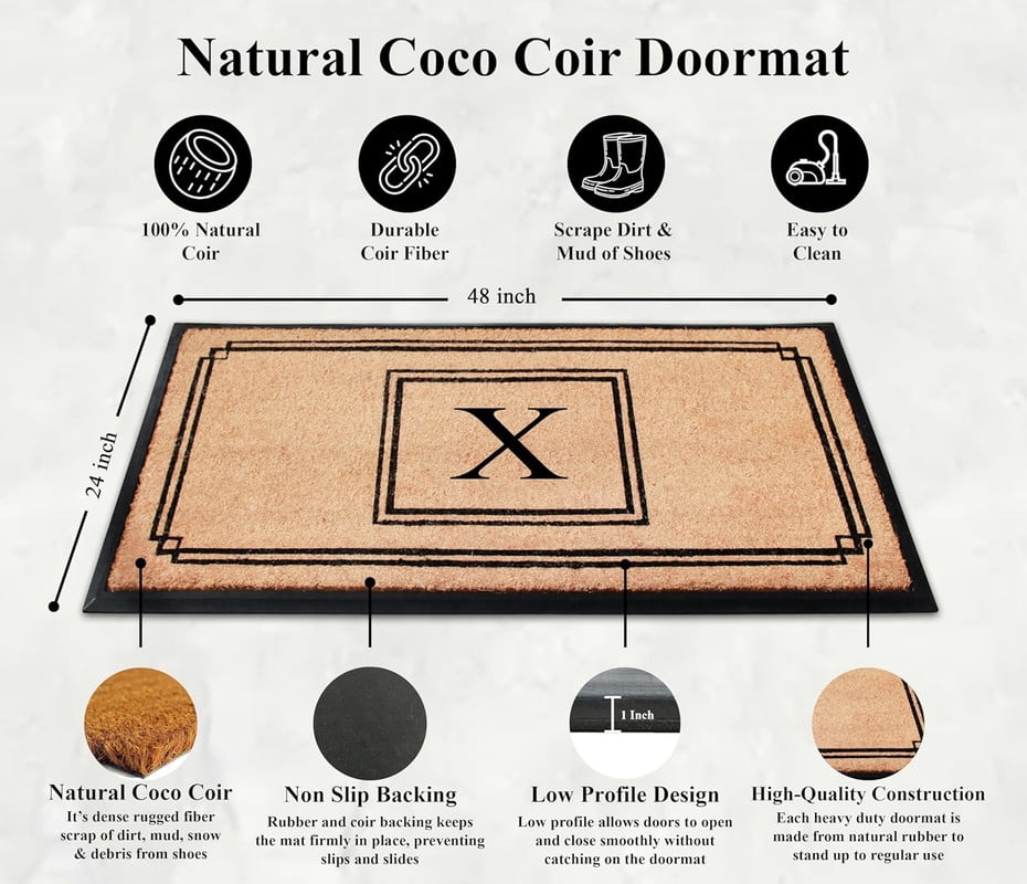 A1 Home Collections Rubber & Coir Mat, Heavy Duty, Extra Large, Front Door Mat 24"X48", Black/Beige Doormat Monogrammed X