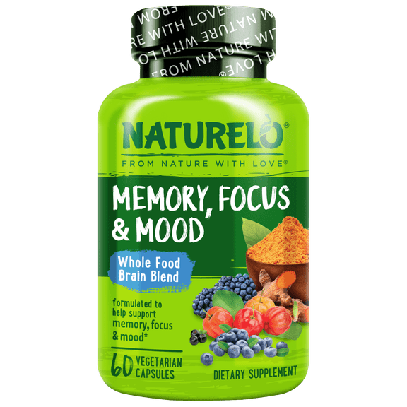 NATURELO Whole Food Brain Supplement - Brain Health Supplements for Memory & Focus Support - Enhance Brain Health Blend Supplement for Adults - 60 Vegetarian Capsules