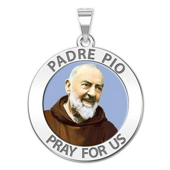 Picturesongold.Com Padre Pio Religious Medal Color Necklace Pendants - 1 inch Size of a Quarter -Sterling Silver