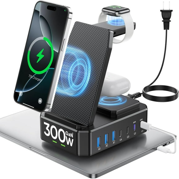 300W Charging Station for Multiple Devices Apple,10 in 1 Wireless Charger for iPhone,GaN III USB C 65W PD Fast Charging Stand Dock for MacBook,iWatch
