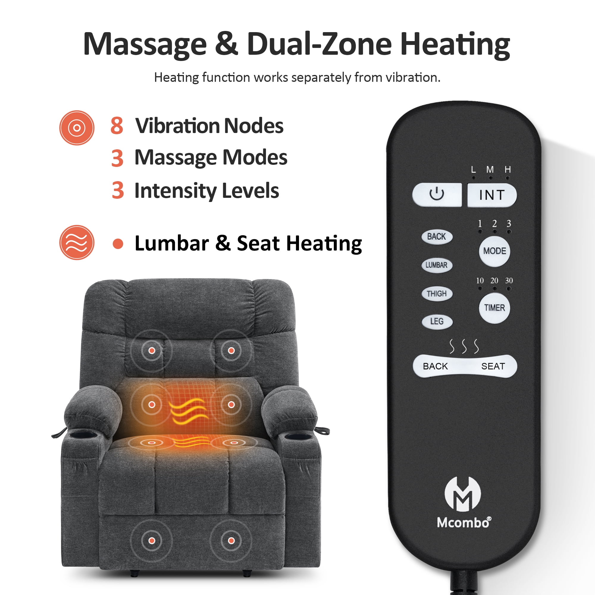 MCombo 27.2" Extra Wide Dual Motor Lift Chair, Dual Zone Heat, Infinite Position Recliner for Elderly, Dark Grey Fabric