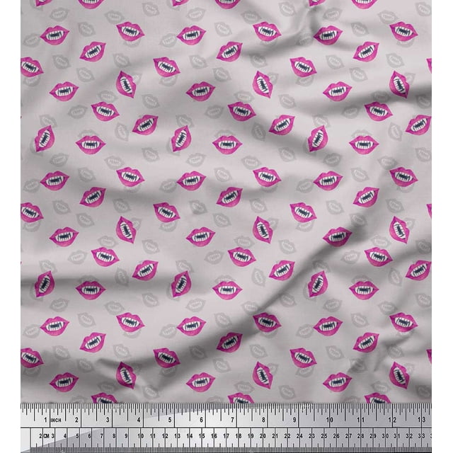 Soimoi Gray Rayon Crepe Fabric Monster Lips & Teeth Face Printed Fabric 1 Yard 46 Inch Wide