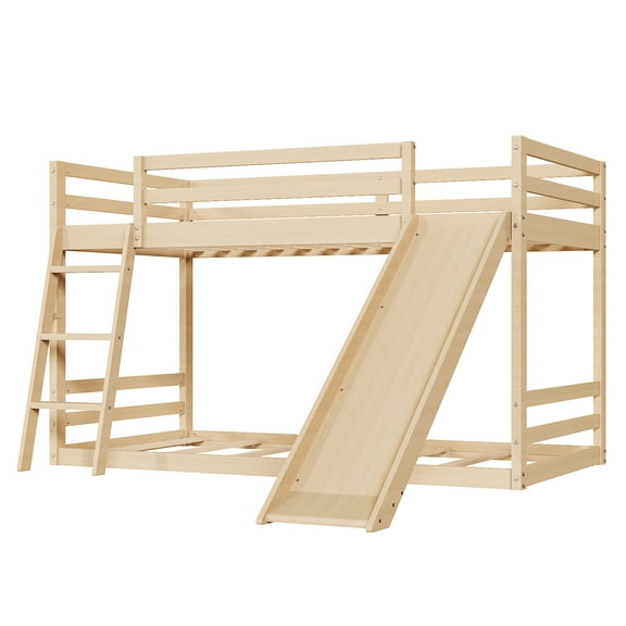 Ktaxon Wood Twin over Twin Floor Bunk Bed, Loft Bed with Ladder, Low Floor Bunk Bed for Bedroom Dormitory, Natural Wood