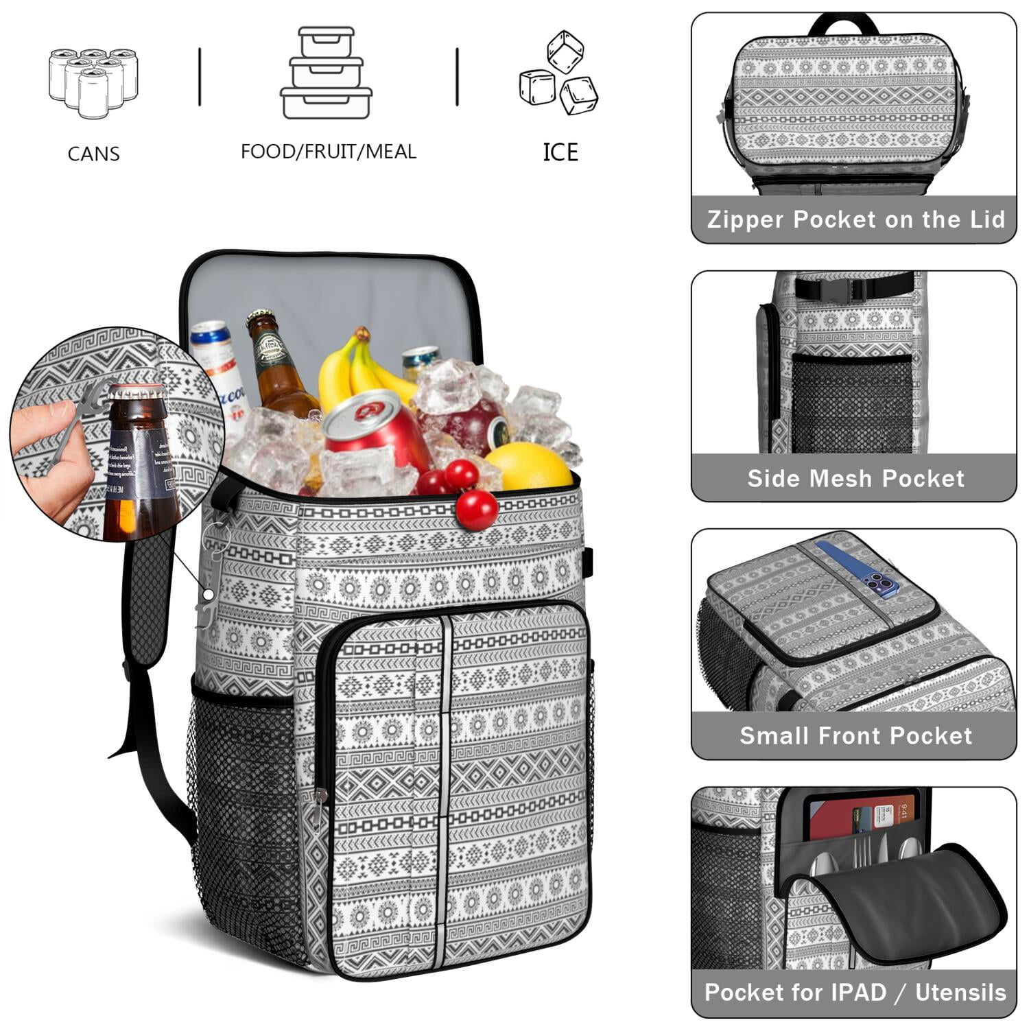 Travel Cooler Bag - Boho Bohemia Pioneer Flower Geometric Line Art Camping Beer Cooler Backpack with Bottle Opener- Waterproof Insulated Picnic Backpacks - Cooler Bag for Beach
