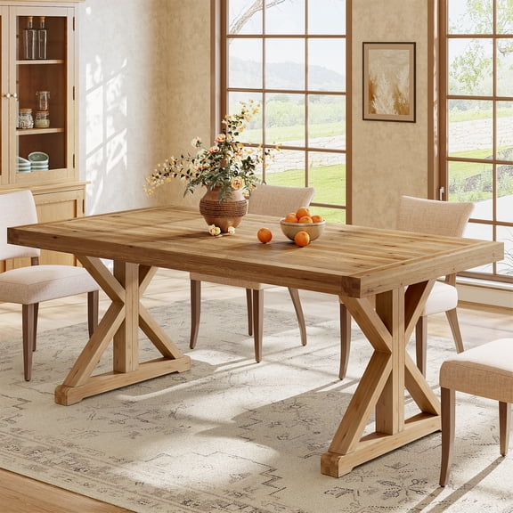 Finmind Solid Wood Dining Table for 4-6, Farmhouse Wood Long Rectangle Kitchen Table, Natural Brown