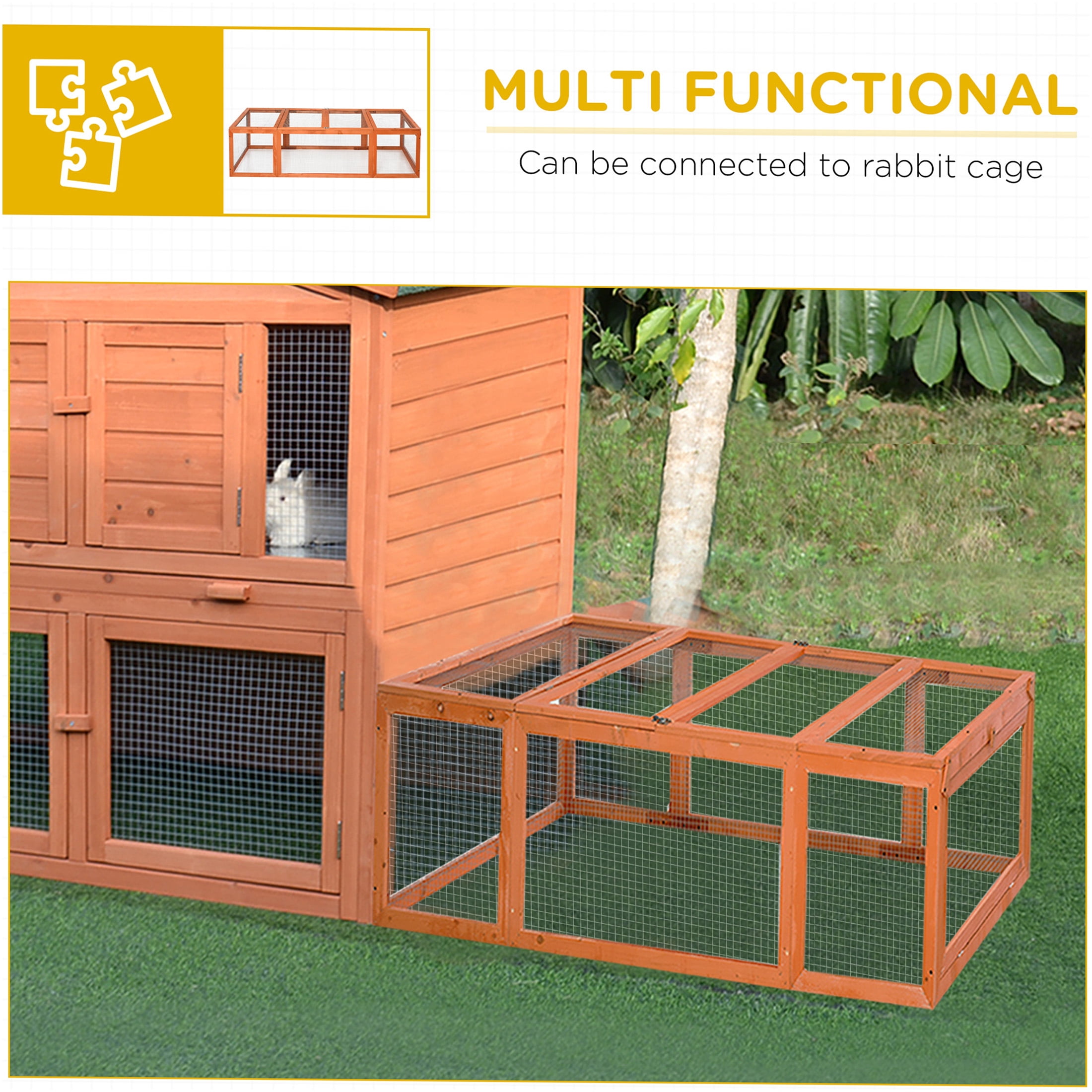 JERFIT Large Outdoor Rabbit Hutch with Run, Wooden Bunny Cage Habitat Enclosure for Rabbits, Guinea Pigs, Natural Orange Finish