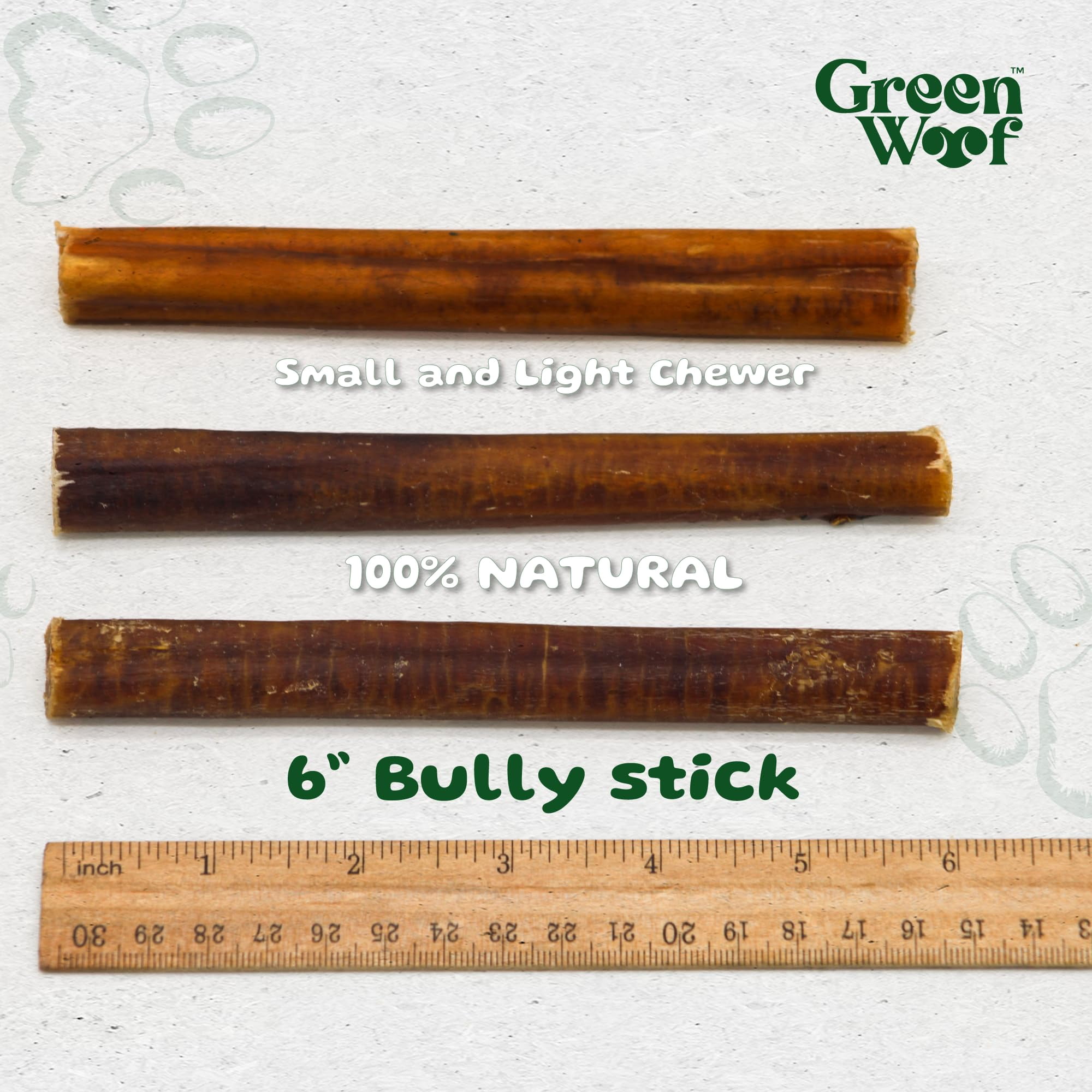 Green Woof, Bully Sticks (6 Inch), Easily Digestible 100% Pure Beef Treats, Pasture-Raised, Organic, Grain-Free, Durable and Long-Lasting Chews for Medium & Large Dogs (Medium, 20, Count)