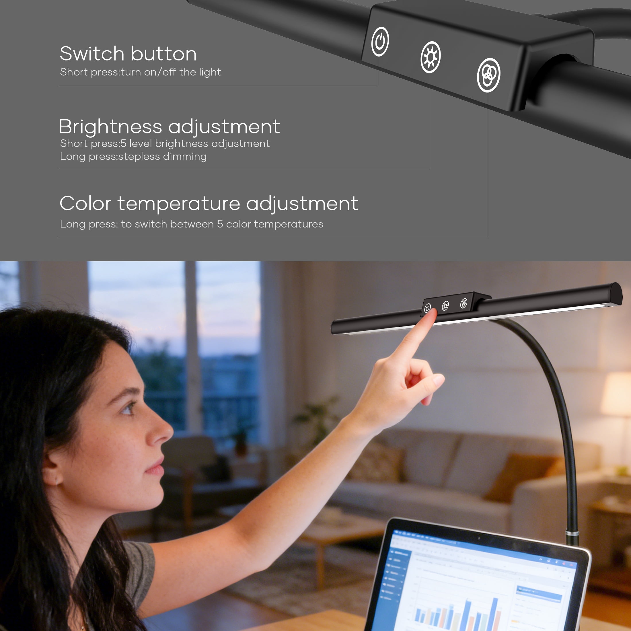ORFELD LED Desk Lamp with Clamp, Stepless Dimming, Flexible Gooseneck for Office & Home, 8W USB Adapter Desk Light for Reading Study Workbench, Black