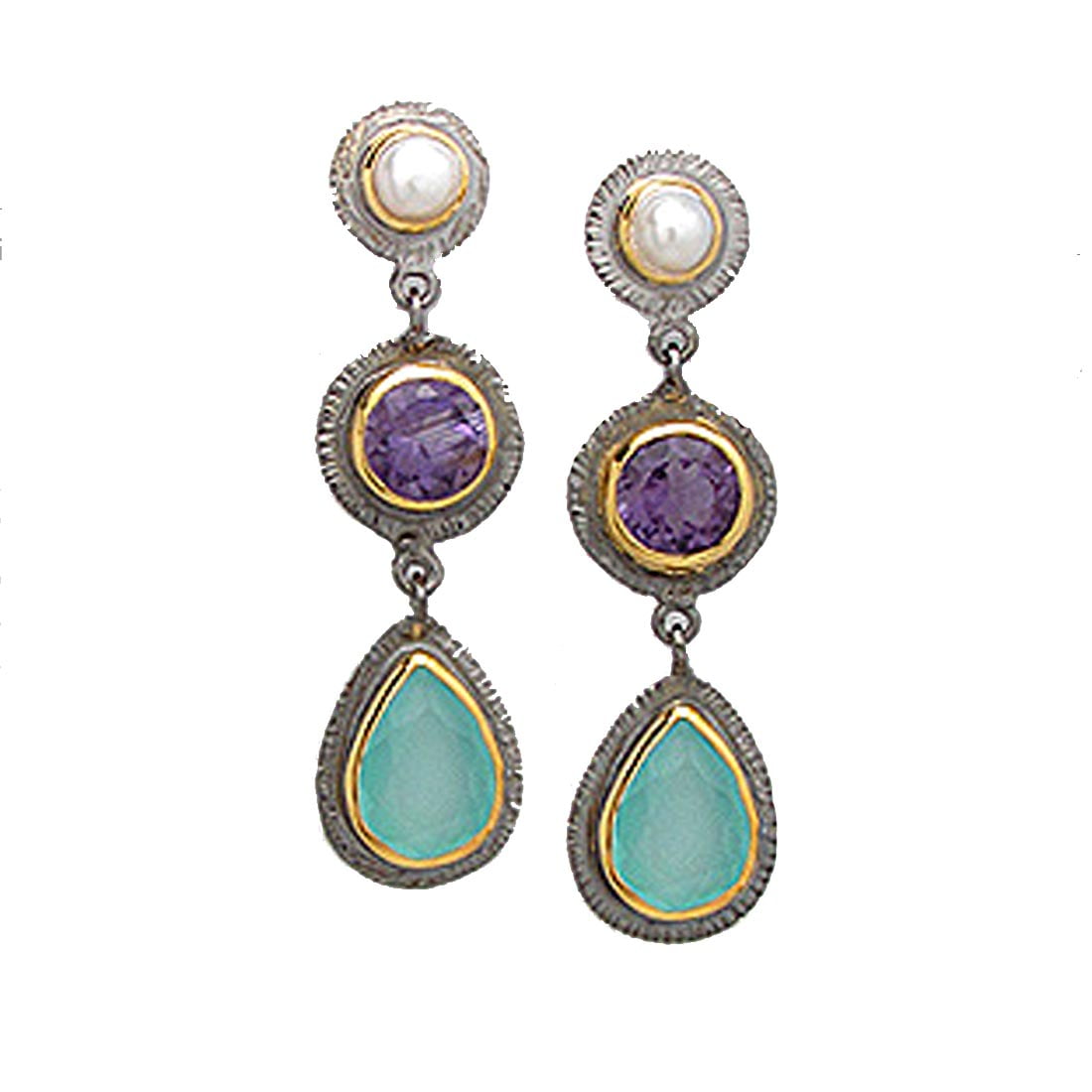 Striking Gold Plated Earrings with Freshwater Cultured Pearls, Amethyst and Light Sky Blue Chalcedony gems. by