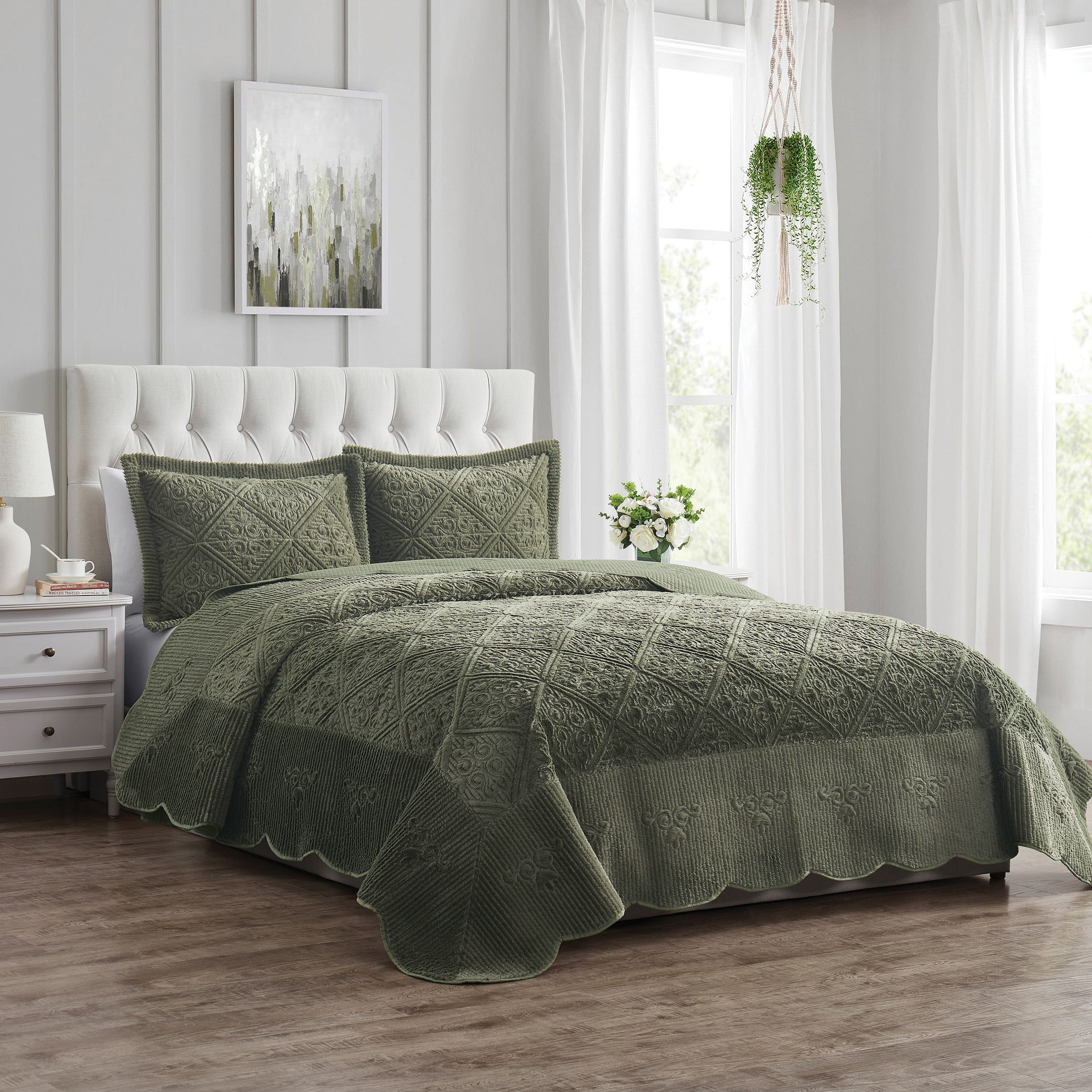 VCNY Home Westland 3-Piece Olive Moss Solid Tile Bedspread Set, King, Adult, Unisex