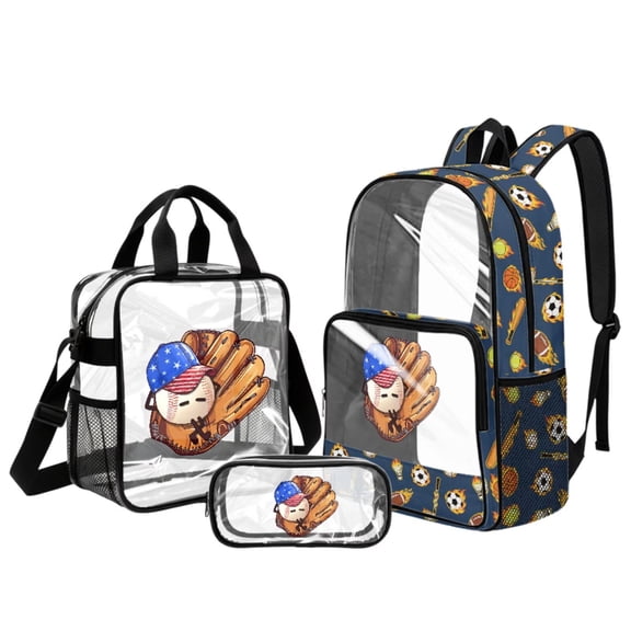 ZUXONGSY American Flag Baseball Print 3 Pcs Clear Backpack Set for School, Heavy Duty Transparent Bookbag with Lunch Bag & Pencil Case, See Through for Teen Kids Boys