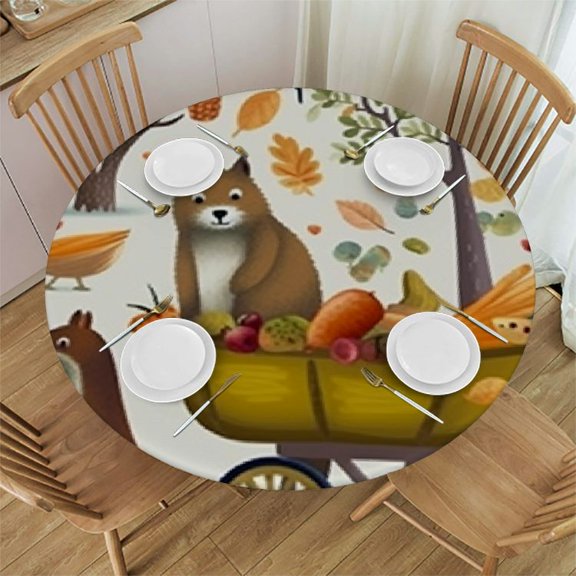 HAOXIT Fitted Round Tablecloth Fall,Autumn Botanical Pumpkins Table Cover,Elastic Edged Table Cloth Fits Round Tables 31-35
