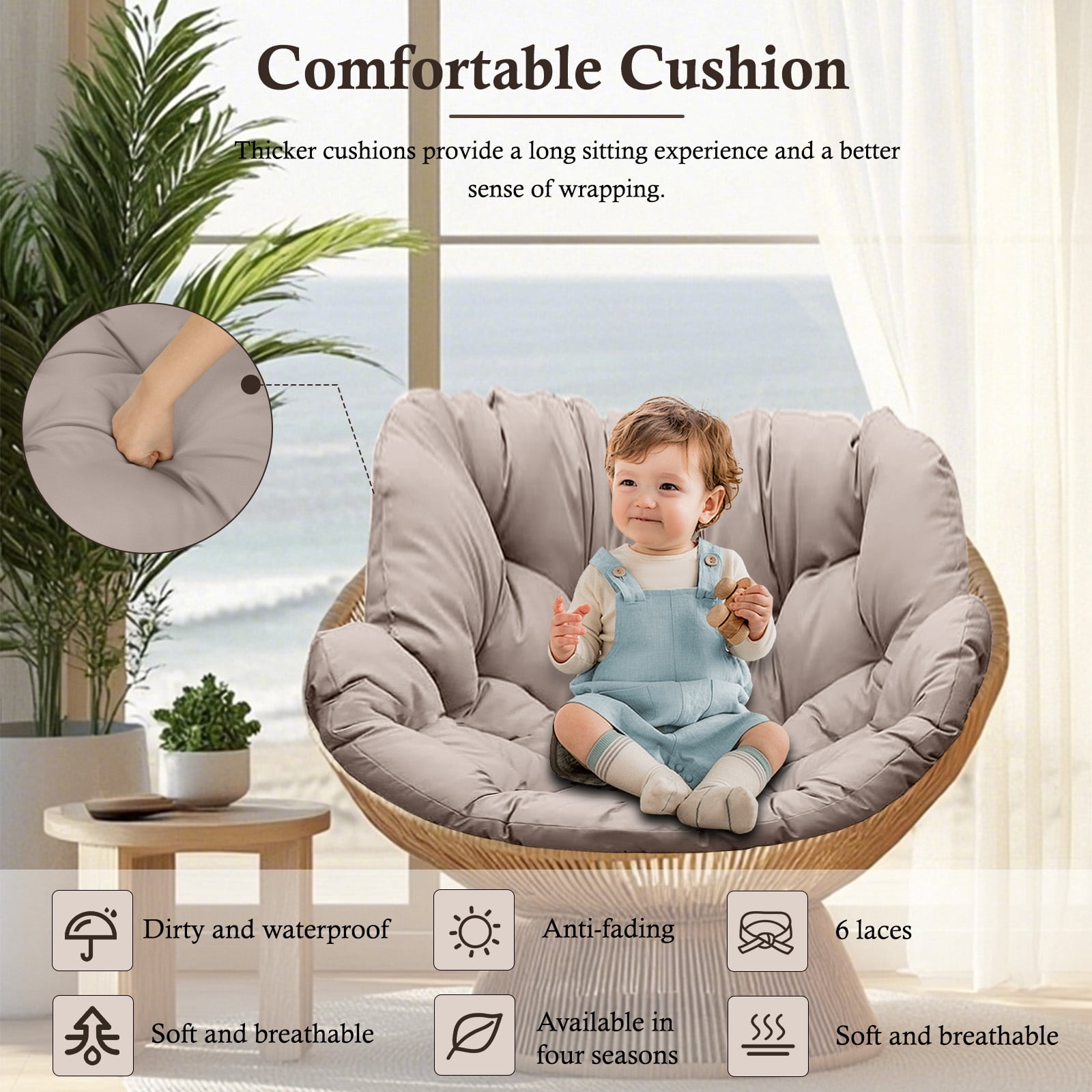Egg Chair Cushion Replacement Waterproof – Outdoor Rocking Chair Cushions 6.3" Thick UV Resistant with 6 Straps for Patio, Balcony, Garden, Khaki