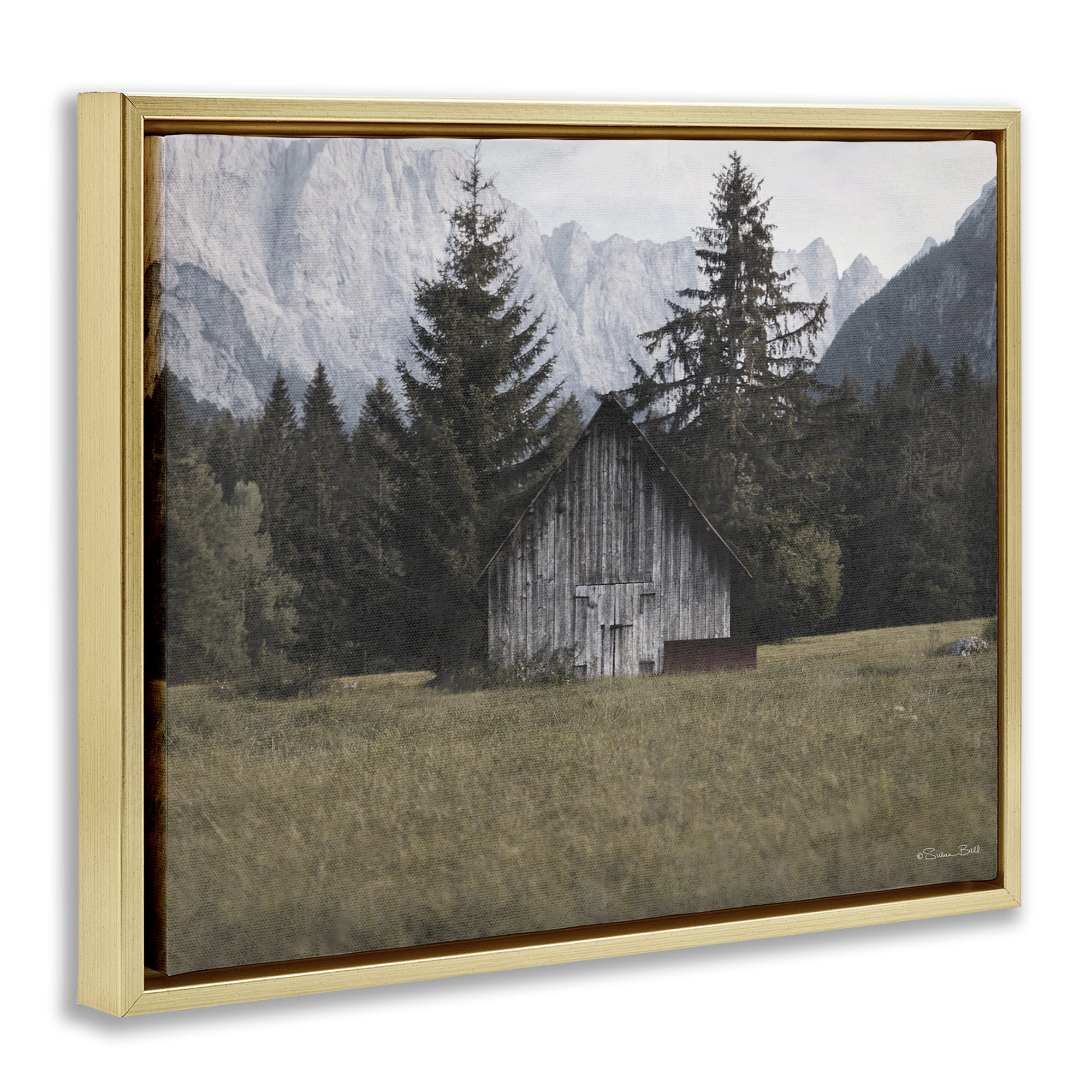 Stupell Industries Rustic Cabin Landscape Landscape Painting Gold Floater Framed Art Print Wall Art, 21 x 17