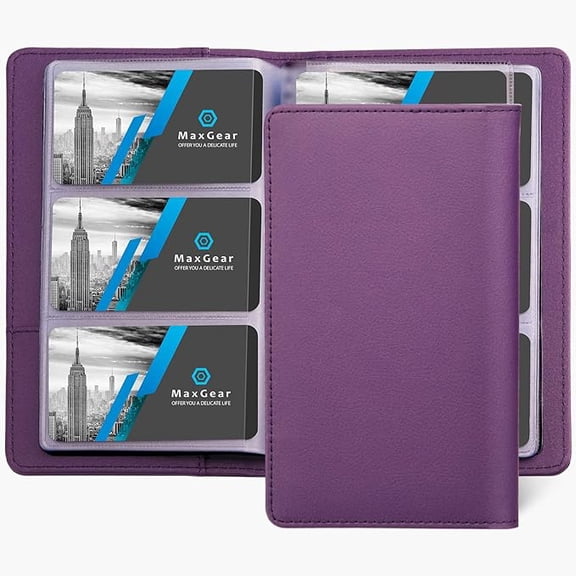 MaxGear 240-Card Business Card Holder, PU Leather Organizer with PVC Sleeves & Extra Pockets, Portable Credit Card Storage, Professional Purple Gift