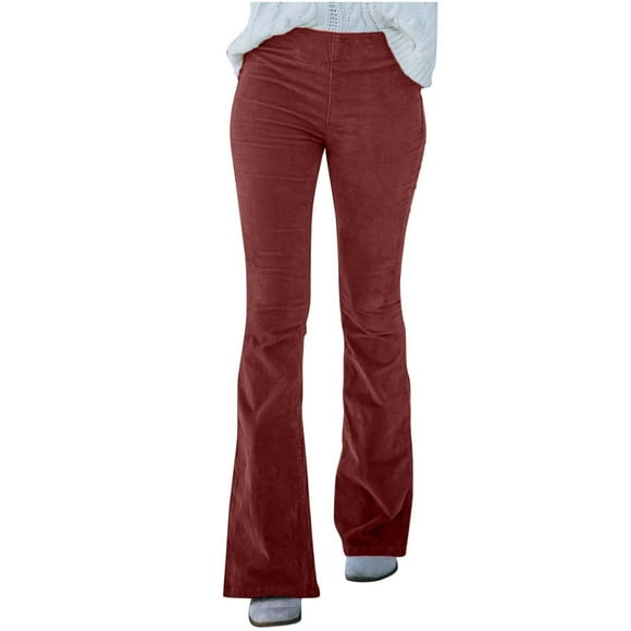 Womens Corduroy Solid Color High Waist Stretchy Elastic Waist Flare Pants Fashion Bell Bottom Trousers for Women