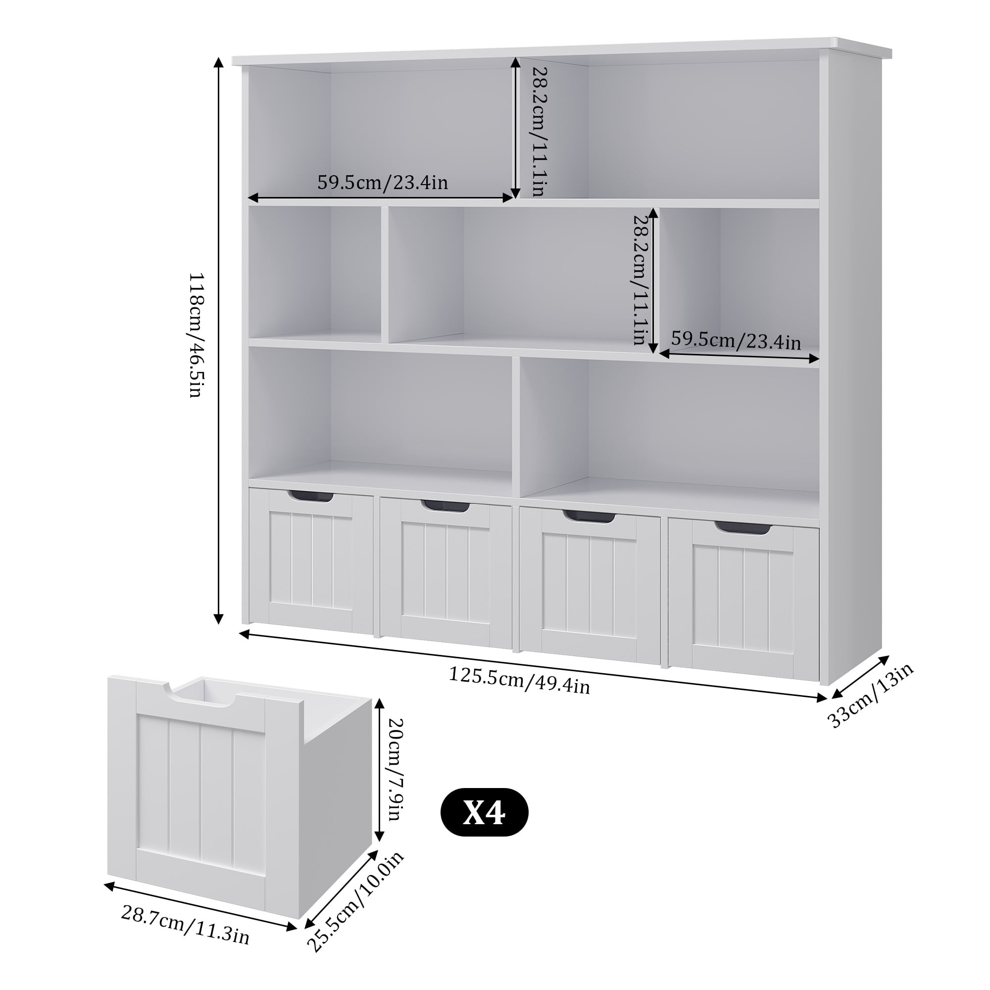 Homfa 7 Cube Toy Storage Organizer, Kids Geometric Bookcase and Bookshelf with 4 Drawers, Grey