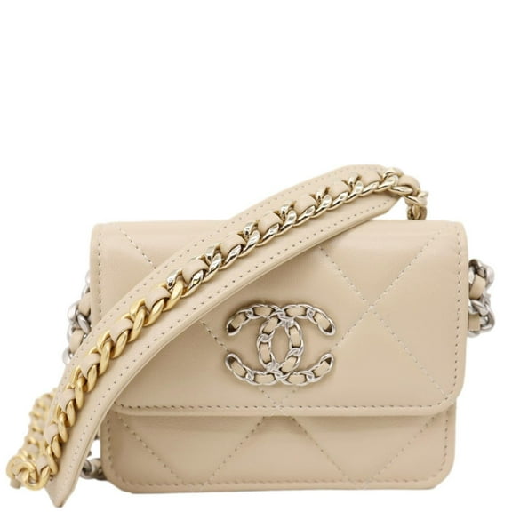 Pre-Owned Chanel 19 Flap Coin Purse Quilted Leather Chain Shoulder Bag Cream