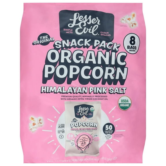 LesserEvil Organic Popped Popcorn Snack Packs - Himalayan Pink Salt, 8 ct (Package May Vary)