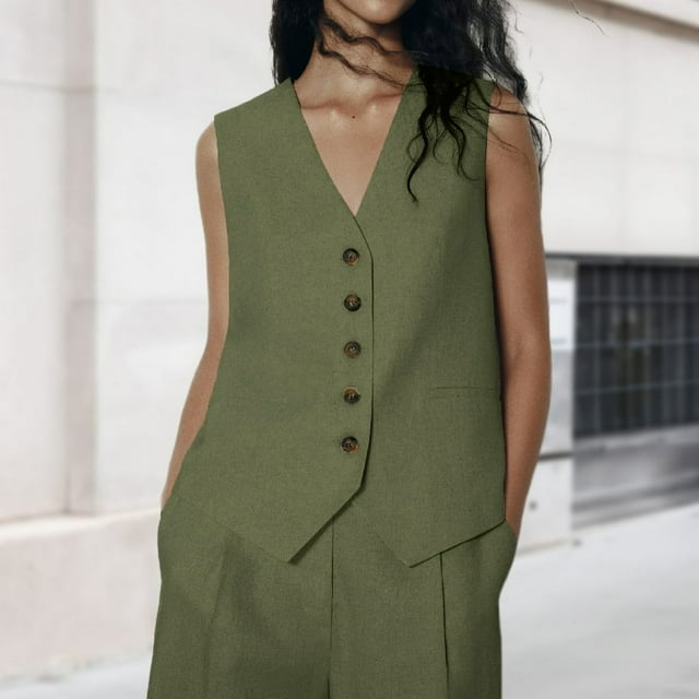 Gilet Boutonné pour Femmes Confortable Ajusté ChicJacket (Vert Armée TP)
