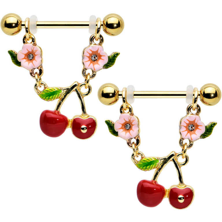 Body Candy 14G Womens Nipplerings Piercing PVD Steel 2Pc Cherries Fruit  Flower Dangle Nipple Ring Set 9/16