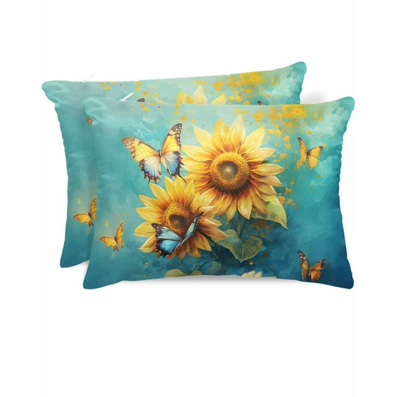 Hokiten Pillow Cases Queen Size Set of 2, Couch Pillow Covers, Yellow Sunflower Satin Pillowcases with Zipper for Hair/Skin, Spring Butterfly Teal Abstract Vintage 20x30 Inches