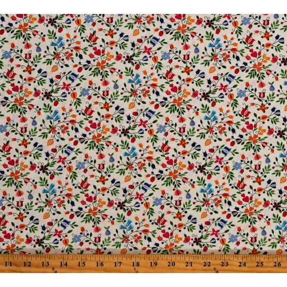 Cotton Shawl Dancers Floral Flowers Gardens Roses Tulips Leaves Summer Spring Cream Cotton Fabric Print by the Yard (32002-CREAM)