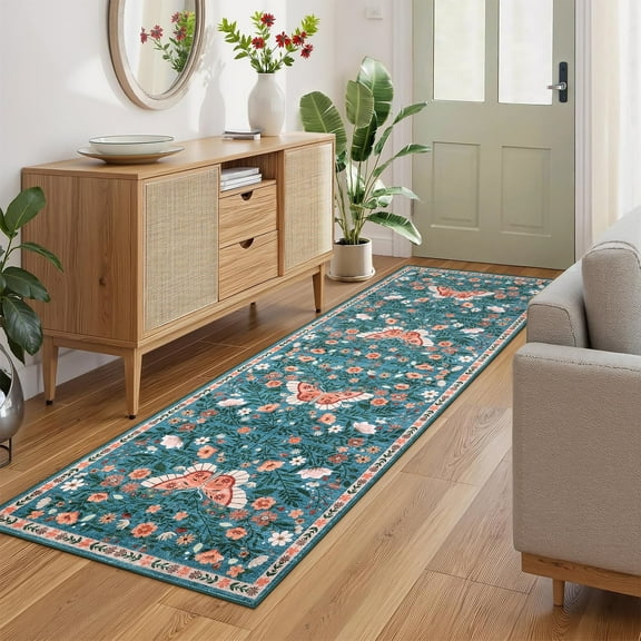 Geetinfly 2inx6in Farmhouse Floral Runner Rug Botanical Butterfly Printed Carpet Washable Rug with Non Slip TPR Backing Low Pile Indoor Mat for Hallway Bedroom Kitchen Blue