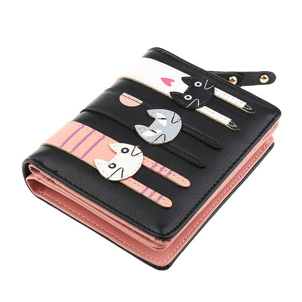 Cartera de Cuero Artificial Hugo con Estampado de Gato Dibujos Animados Tarjetero Plegable Negro
