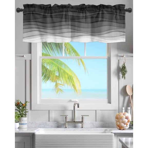 Kitchen Valances for Window, Black Grey Gradient Wave Light Filtering Rod Pocket Valance Curtain, Abstract Geometric Short Curtains Window Topper for Bedroom Bathroom Living Room 54x18in