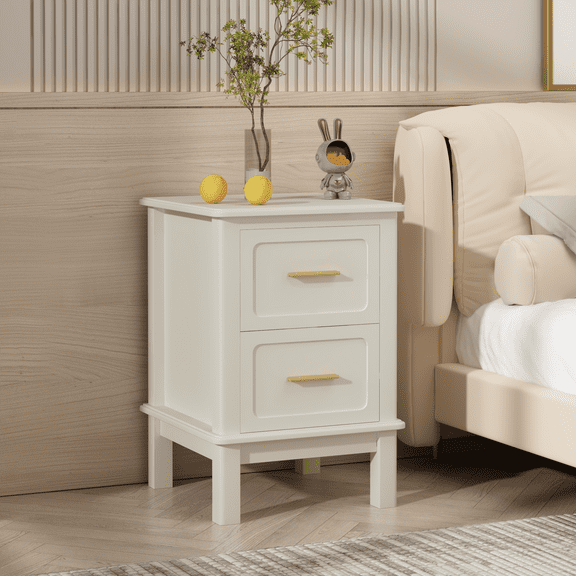 Modern Nightstand with 2 Drawers, Cream White Bedside Table with Gold Handles - Small Accent Table for Bedroom, Living Room, Nursery & Apartments