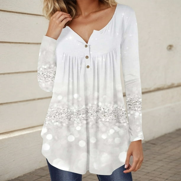 MHFRRA Blusa Holgada Informal de Manga Larga con Botones y Volantes con Estampado Brillante para Mujer de Primavera Blanco