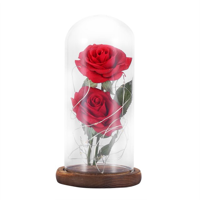 Luz LED de flor de rosa preservada con cubierta de vidrio y base de madera Boda de San Valentín Marrón