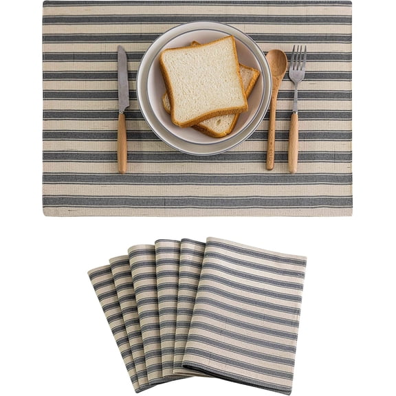 Farmhouse Placemats Set of 6 Heat Resistant Dining Table Mats for Kitchen Table, 12 x 18 inches, Stripes, Grey and Beige